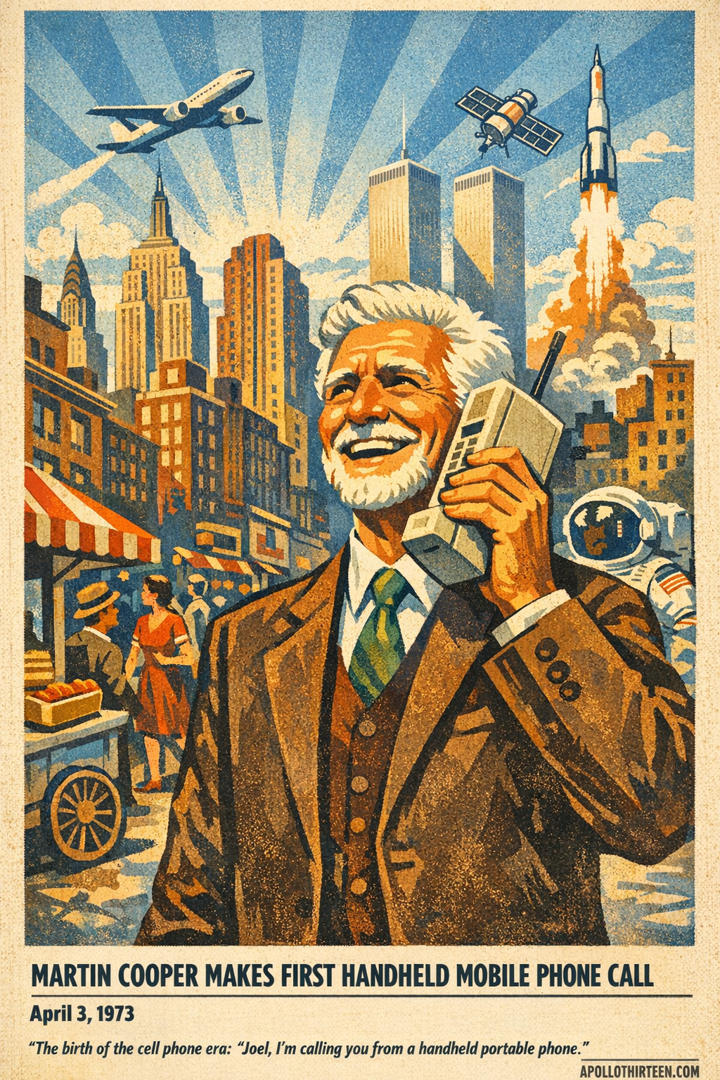 Martin Cooper makes first handheld mobile phone call