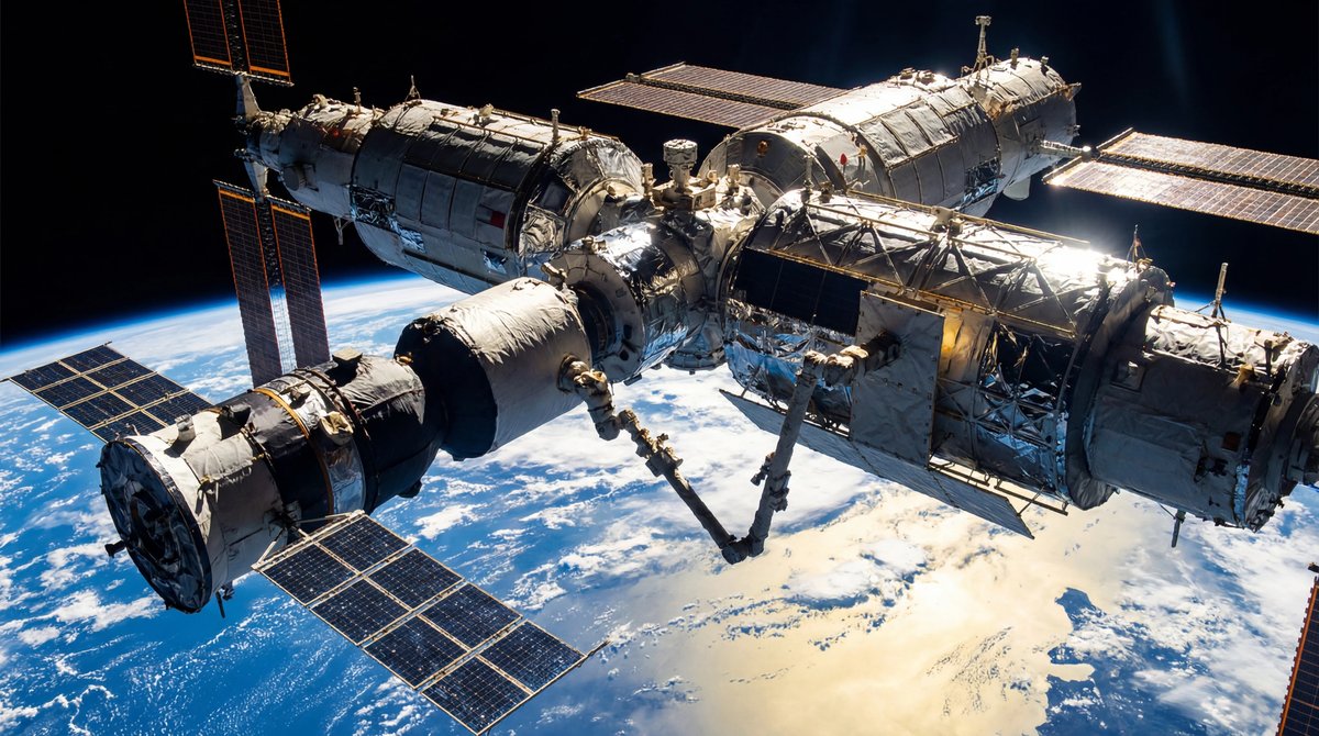 Tiangong space station orbiting Earth with Shenzhou spacecraft docked, sunlight reflecting off solar panels against deep space.