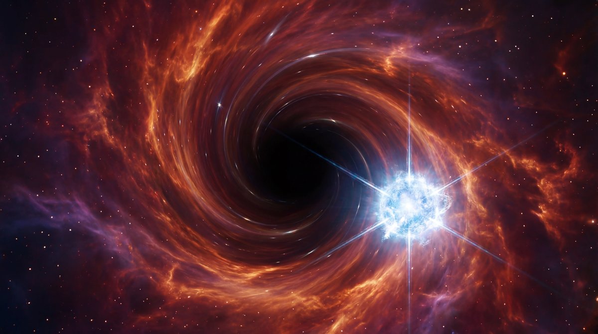 Glowing orange gas swirls into a dark black hole void amidst a glittering field of stars and cosmic dust.