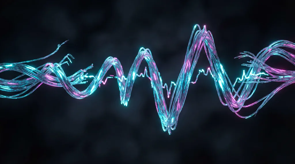 Glowing fiber optic strands pulsing with cyan and magenta light showing erratic glitch patterns against a dark background.