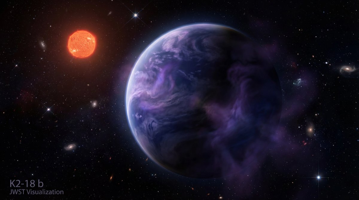 A large, hazy blue-violet exoplanet with swirling clouds orbiting a bright red star against a black starry background.