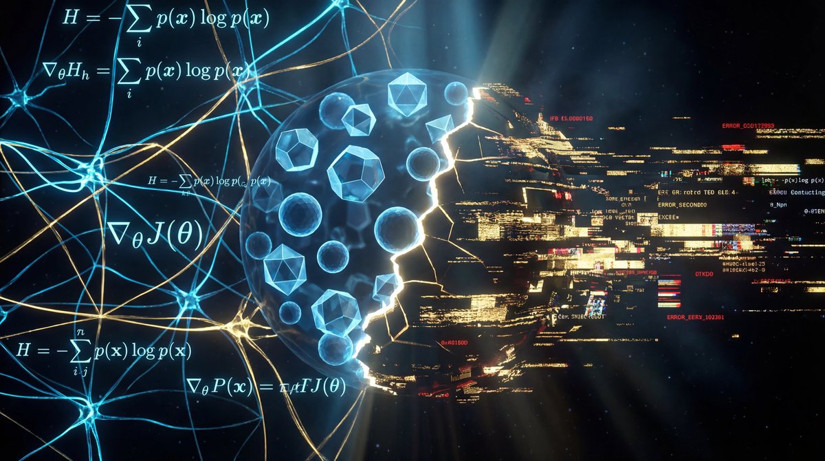 Glowing blue neural network threads morphing into math symbols, separated by a fracture representing data errors.