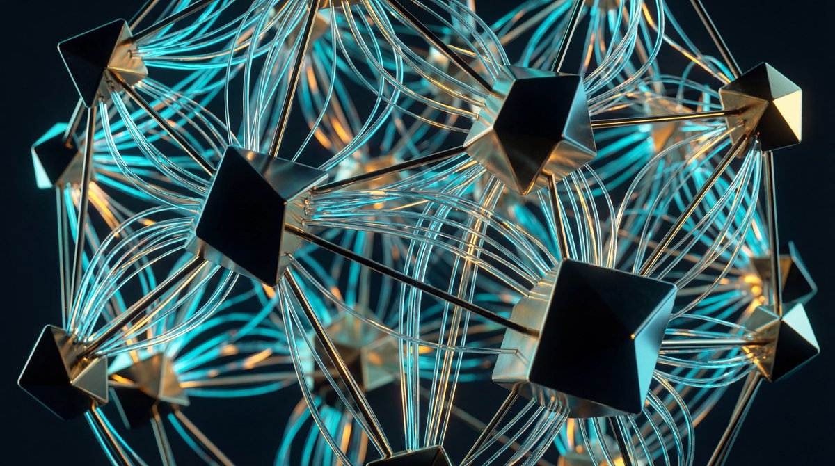 Macro close-up of illuminated blue fiber optics connecting polished gold metallic nodes on a dark, sleek surface.