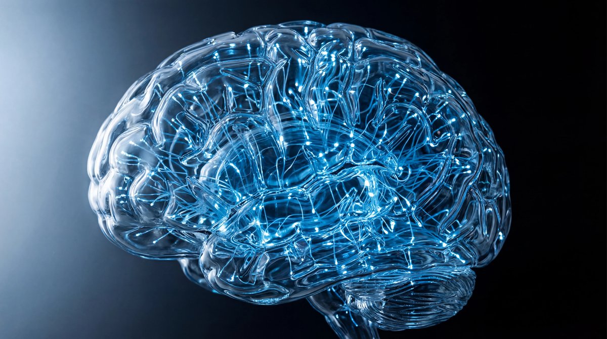 Translucent glass brain sculpture glowing with blue internal fiber optics against a black background