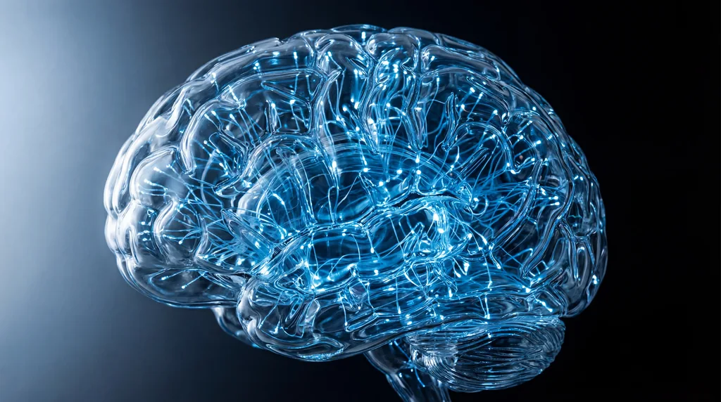 Translucent glass brain sculpture glowing with blue internal fiber optics against a black background