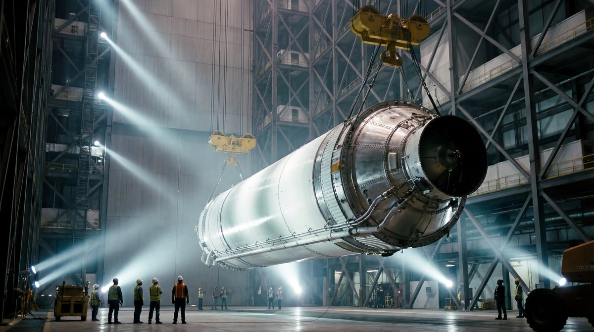 A massive white rocket stage suspended by yellow cranes inside a vast, high-tech industrial vehicle assembly building.