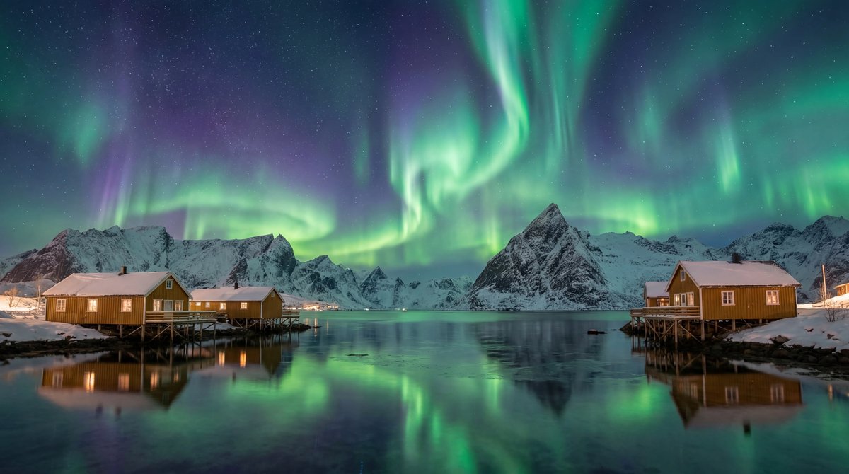 Vibrant green and violet aurora borealis dancing over the snow-covered landscape and icy fjords of Tromsø, Norway at night.