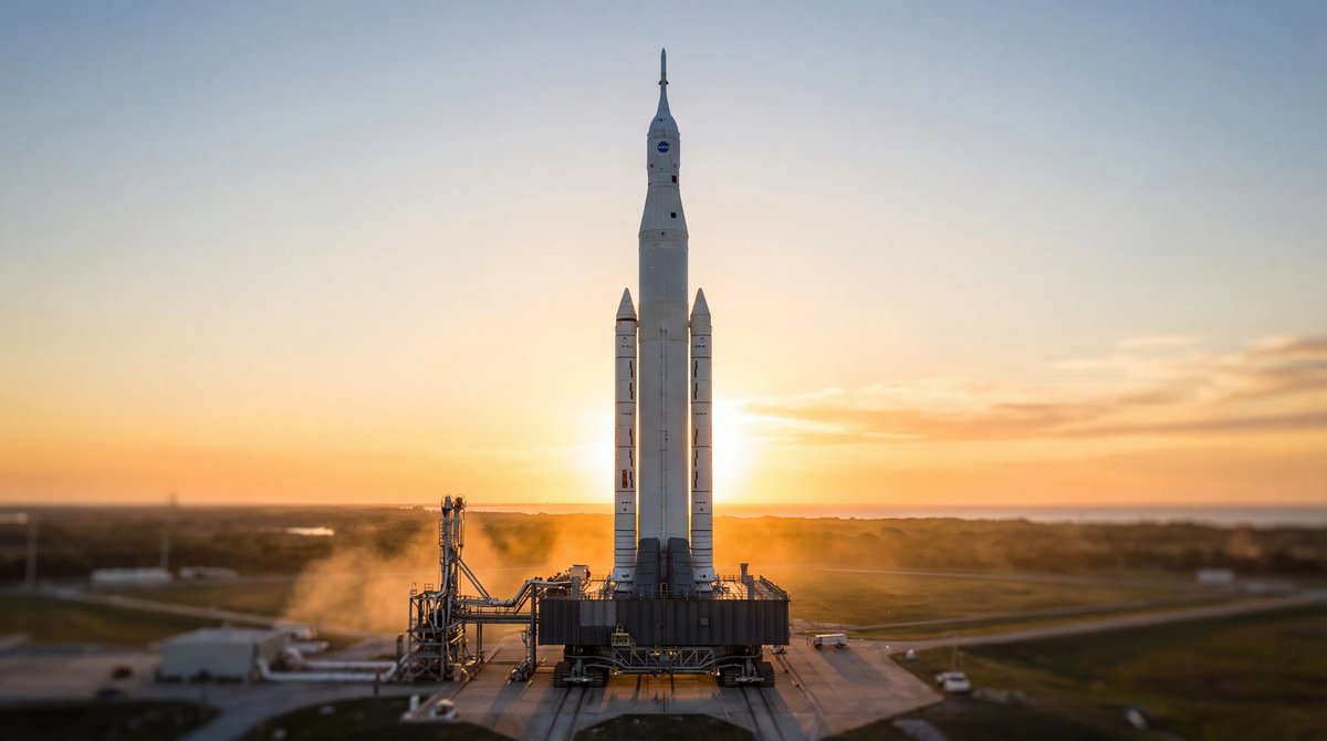 The massive SLS rocket and Orion spacecraft standing on the launch pad during a golden sunset.
