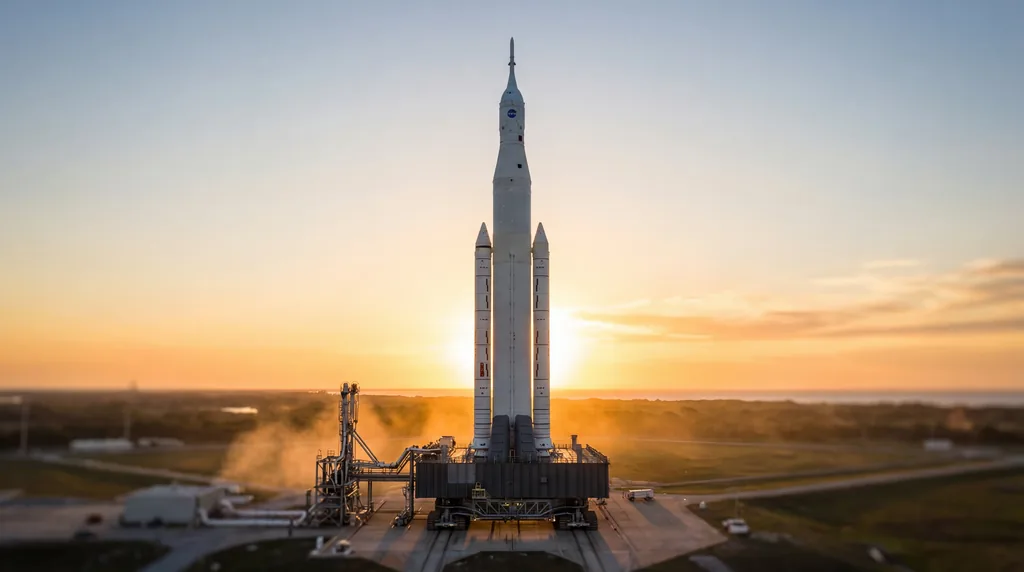The massive SLS rocket and Orion spacecraft standing on the launch pad during a golden sunset.