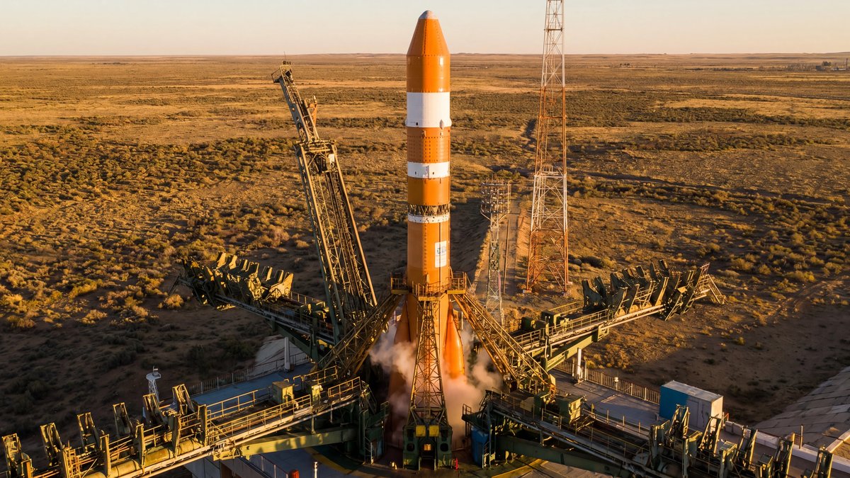 The tall, slender Soyuz-5 rocket standing on a launch pad under the warm light of a setting sun in the steppe.