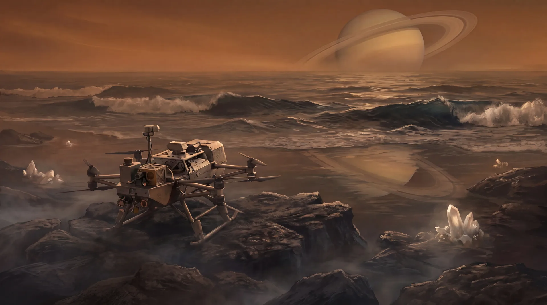 A futuristic lander sits on the alien shoreline of a liquid methane sea under a hazy orange sky with Saturn overhead.