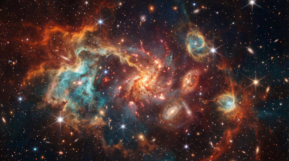 Swirling orange and blue nebulae dotted with bright sparkling stars and distant galaxies in deep space.