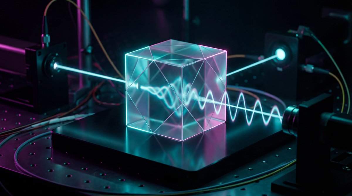 A laser beam passing through a geometric crystal prism on a dark surface, creating complex light wave patterns.