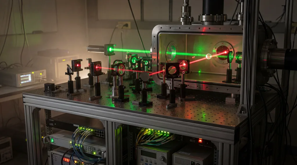 Close-up of two tiny particles floating in green laser beams above complex optical equipment in a dark science lab.