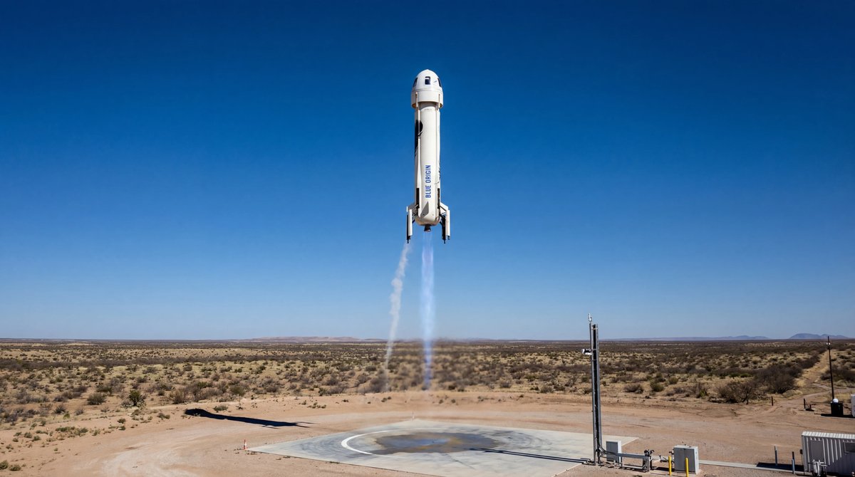 White New Shepard rocket launching vertically from a desert pad with a bright flame against a blue sky.