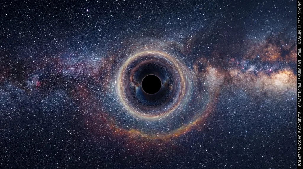 A black hole distorts background stars into a circular pattern against the dark expanse of space.
