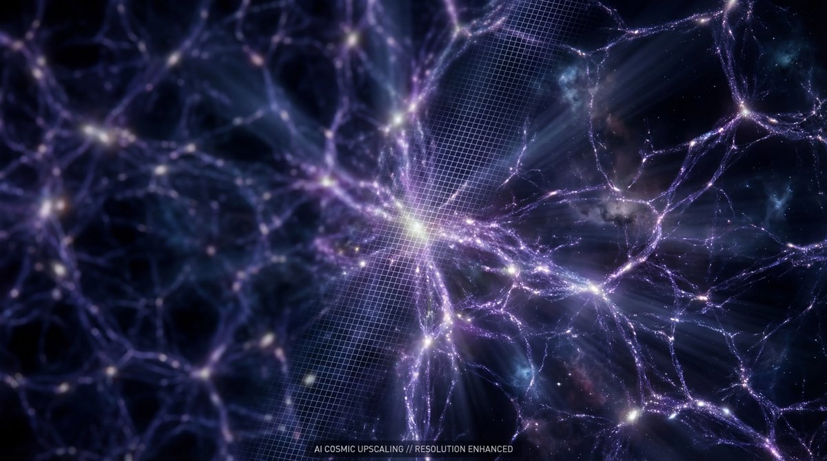 Glowing purple cosmic web filaments transforming from blurry to sharp high-definition detail against a black starry background.