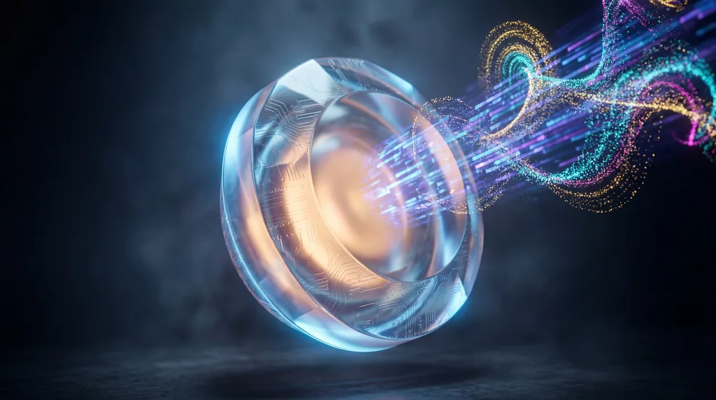 A glowing glass AI processor chip refracting blue light into complex digital patterns against a dark background.