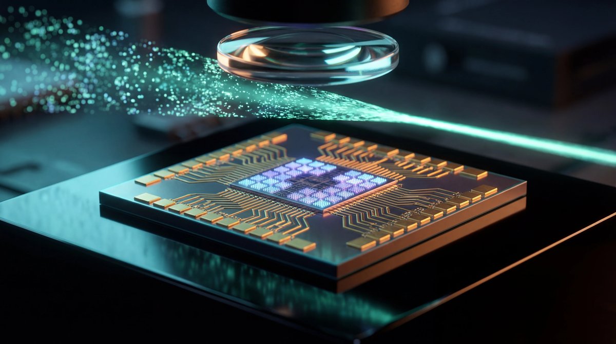 Close-up of a gold quantum computer chip with a floating lens refracting laser light from pixelated to sharp.