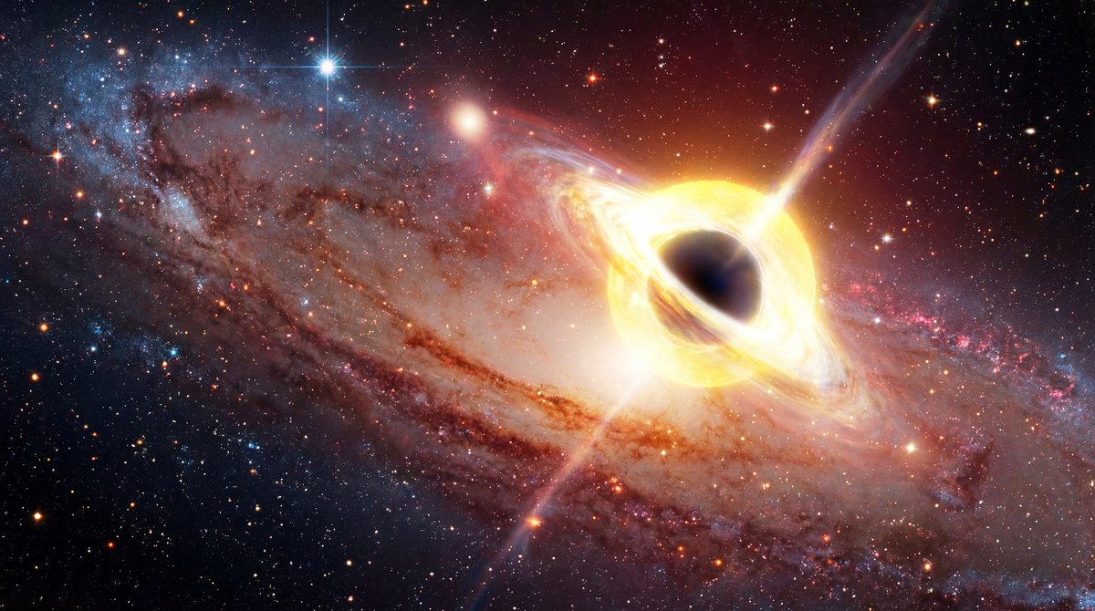 A massive yellow star fading into a black hole amidst the colorful swirling dust lanes of the Andromeda Galaxy.
