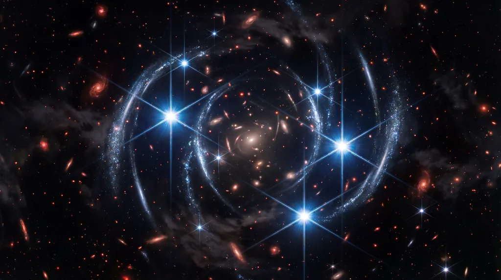 Galaxy cluster bending light to reveal mirrored star clusters and bright massive stars against a dark, starry cosmos.