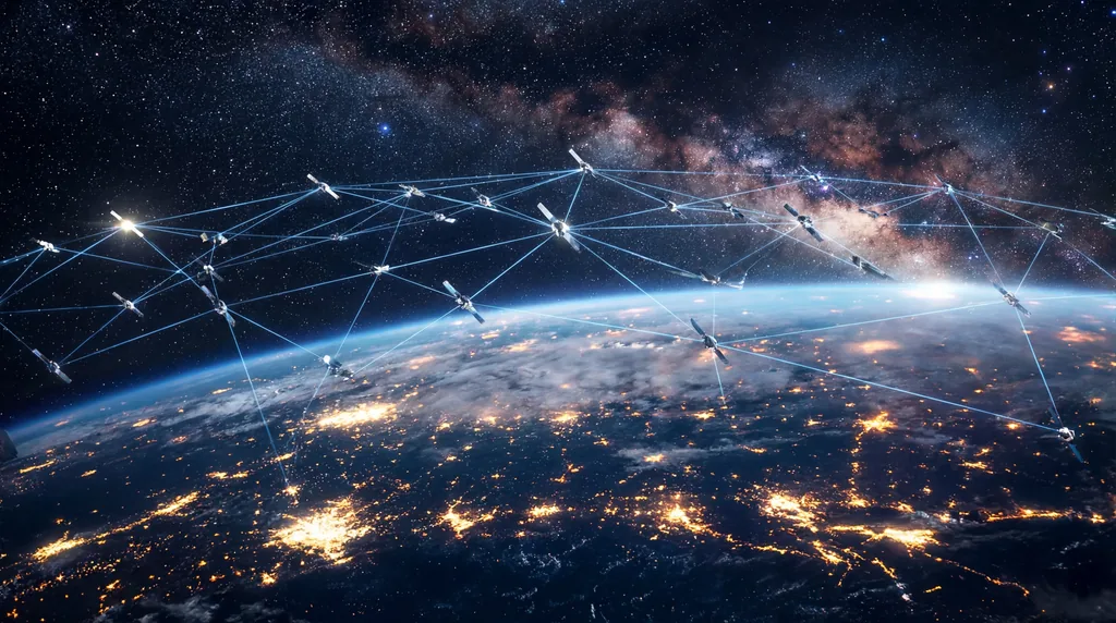 A network of satellites orbiting Earth connected by laser links, set against the glowing blue atmosphere and starry space.