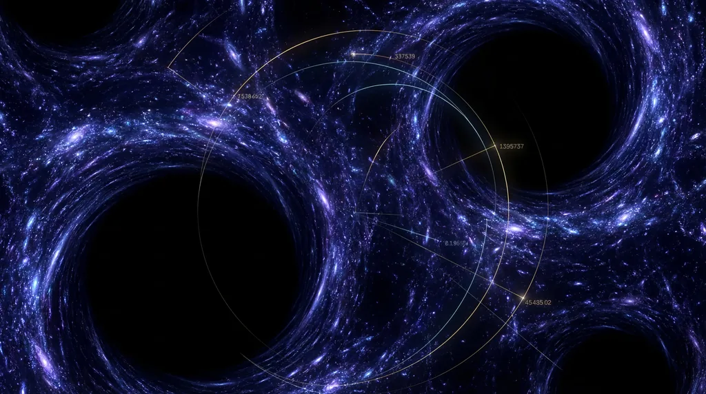 Glowing purple cosmic web filaments forming a network around large black spherical voids in deep space.