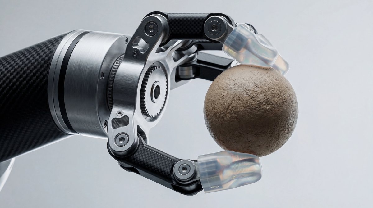Close-up of a robotic gripper with soft sensors holding a textured sphere, highlighted by dramatic studio lighting.