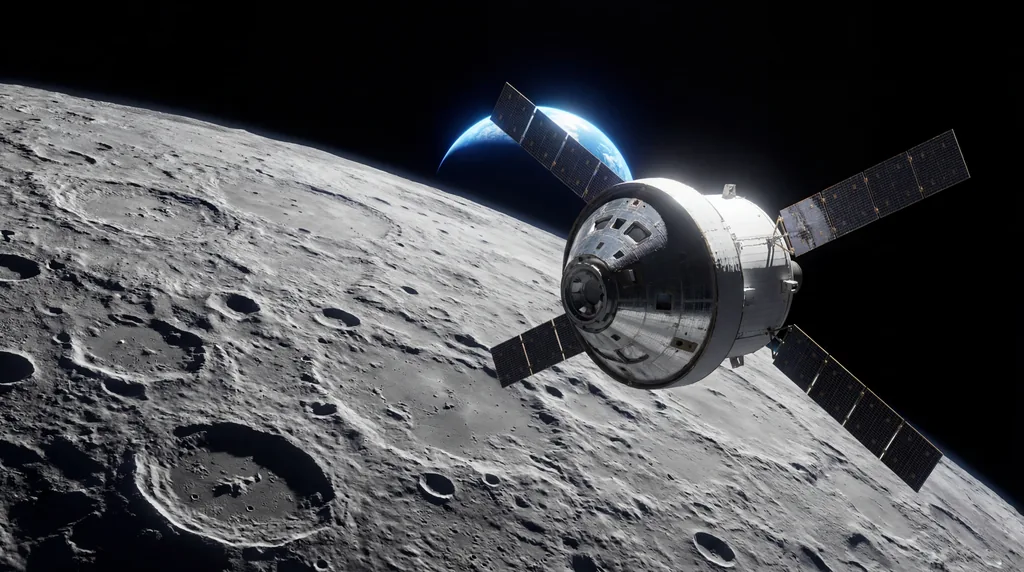 Orion spacecraft orbiting the Moon with solar panels visible, looking down at craters while Earth sets behind the lunar horizon.