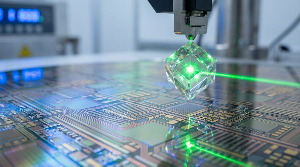 Close-up macro shot of a diamond crystal scanning a complex semiconductor chip under dramatic blue and green laser lighting.