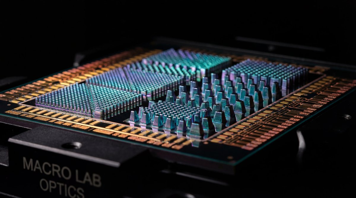 Close-up macro shot of a silicon chip with tiny geometric pillars glowing under teal and violet lights.