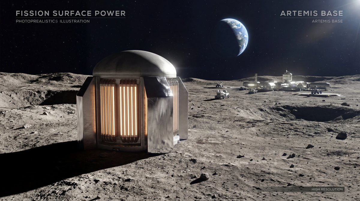 A metallic nuclear reactor on the Moon's gray surface, with Earth visible in the dark sky and a lunar base in the distance.