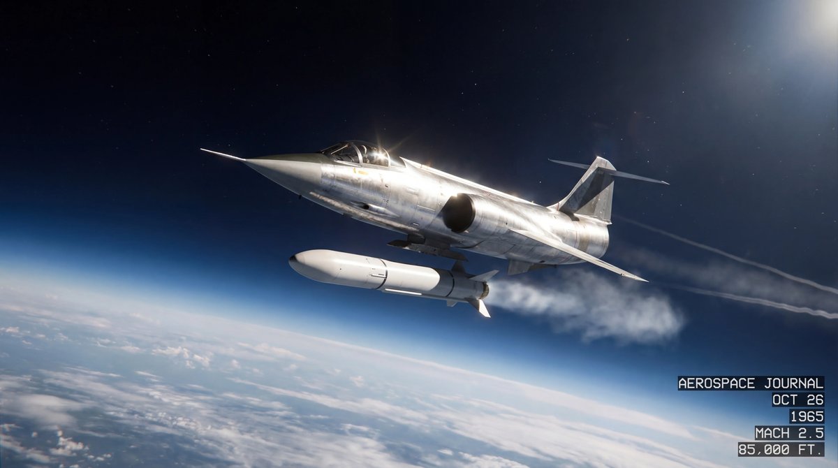 Silver fighter jet releasing a rocket payload in the upper atmosphere against a deep blue sky and the curve of the Earth.