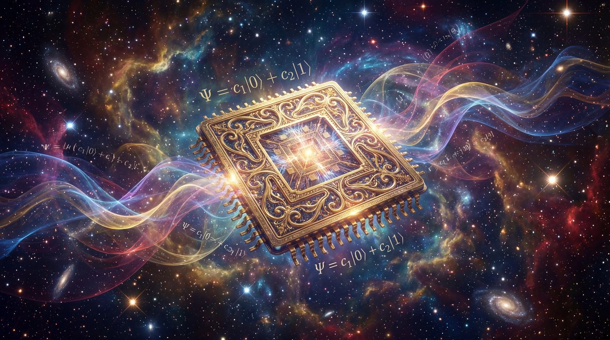 Golden quantum processor chip floating in a vibrant blue and purple nebula with sparkling stars