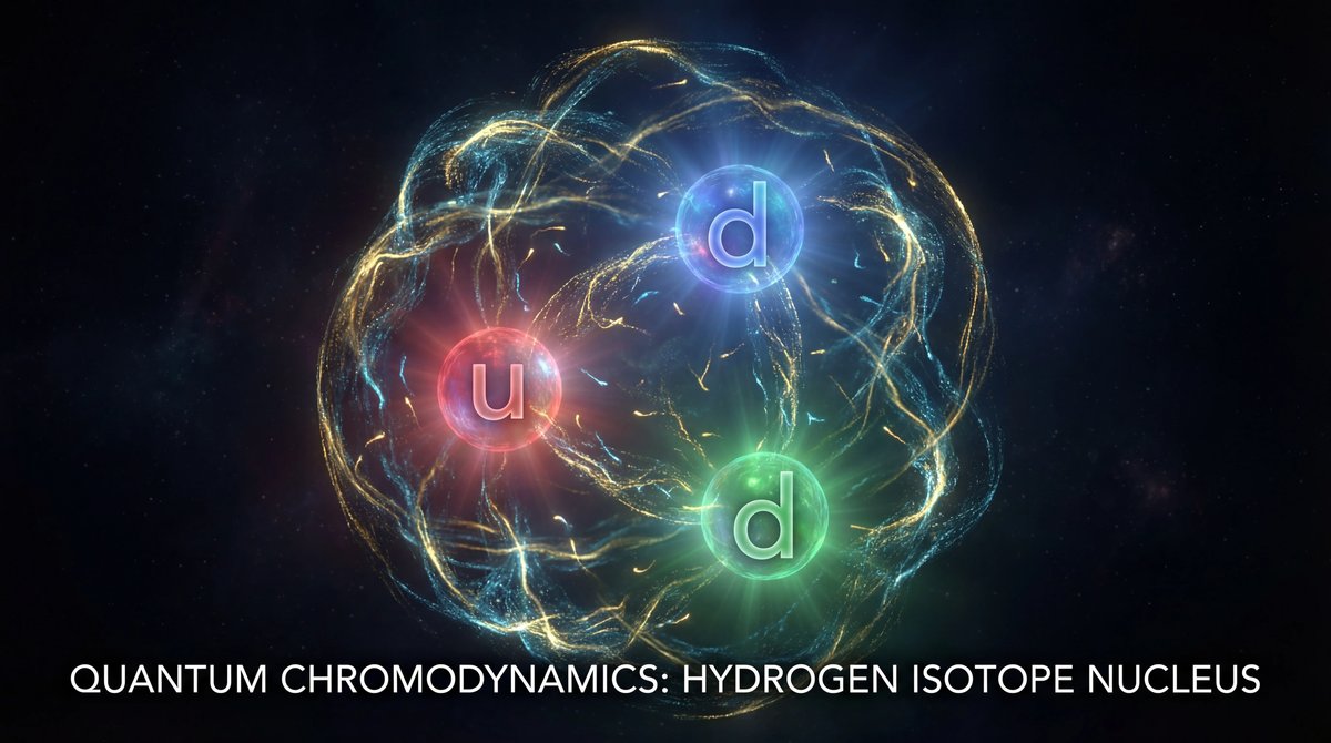 Glowing quarks connected by web-like gluon energy strands swirling inside a proton nucleus.