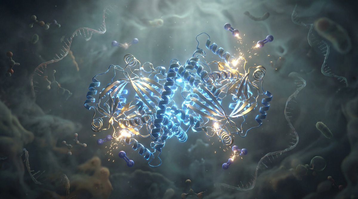 Glowing complex protein structure floating in a dark, ancient liquid environment representing early Earth's chemistry.