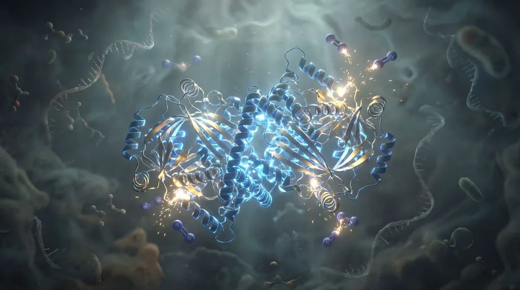 Glowing complex protein structure floating in a dark, ancient liquid environment representing early Earth's chemistry.
