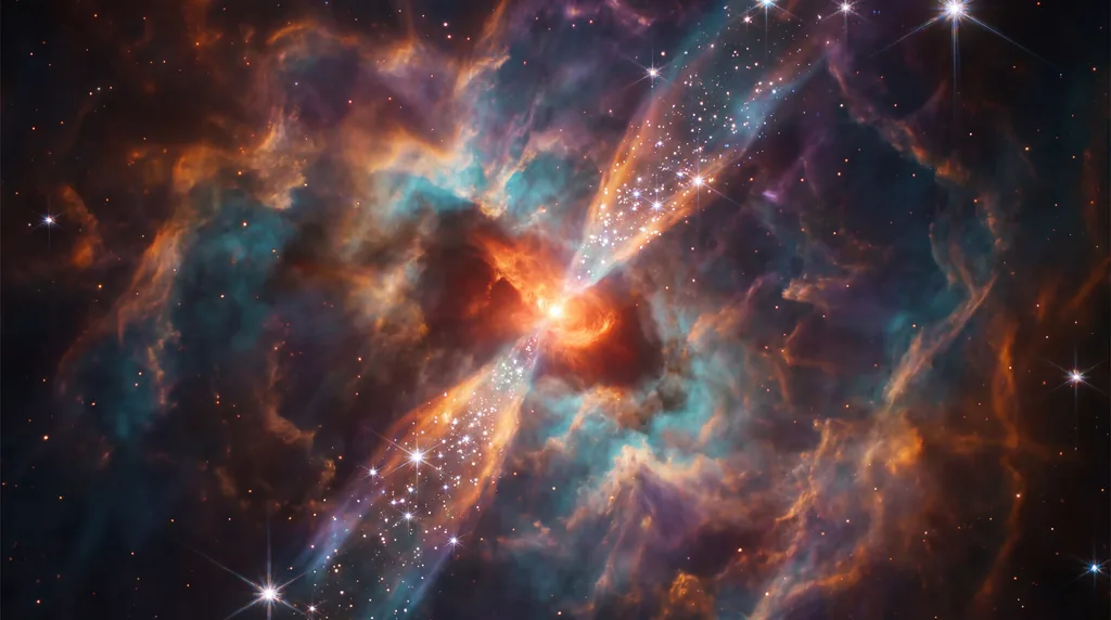 A brilliant protostar firing jets of sparkling dust through colorful nebula clouds in deep space.