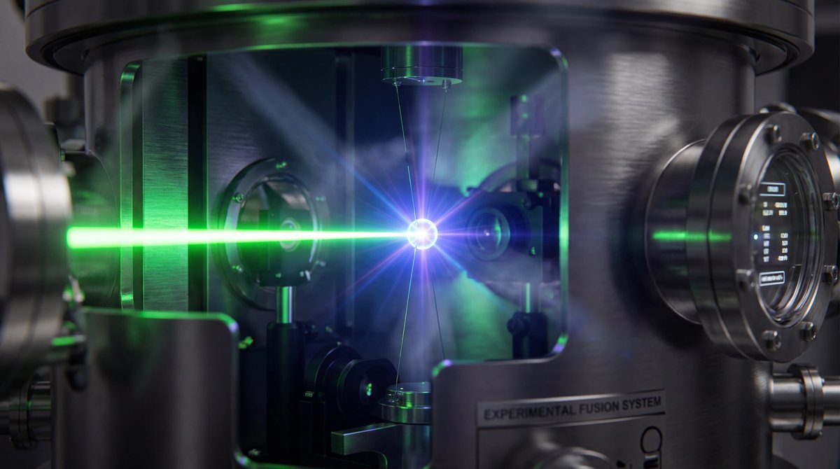 A laser beam strikes a small target inside a dark, high-tech metal chamber, creating a brilliant, glowing burst of energy.