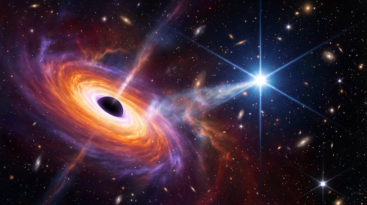 A bright star speeding away from a glowing black hole center amidst colorful swirls of cosmic gas and dust.
