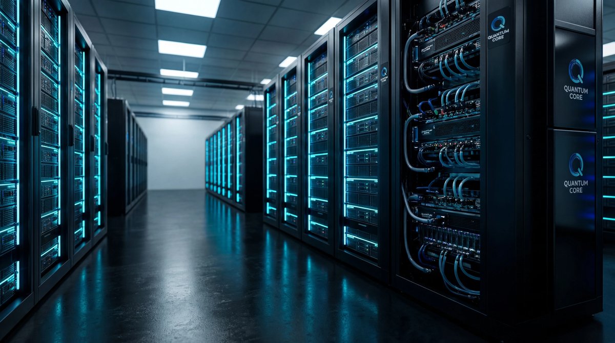 Rows of sleek black supercomputer server racks glowing with blue LED lights in a dark, reflective high-tech facility.