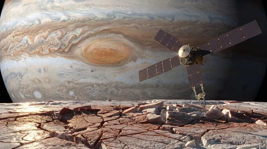 Juno spacecraft orbiting Europa's cracked icy crust with Jupiter's swirling storms in the background.