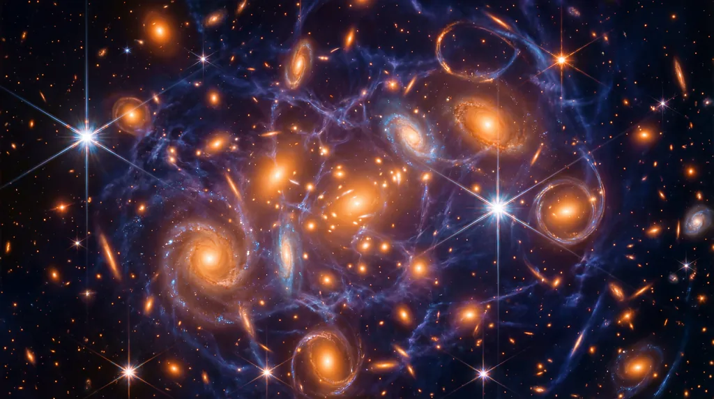 Vibrant galaxies and warped light arcs connected by faint web-like filaments in a deep starry expanse.