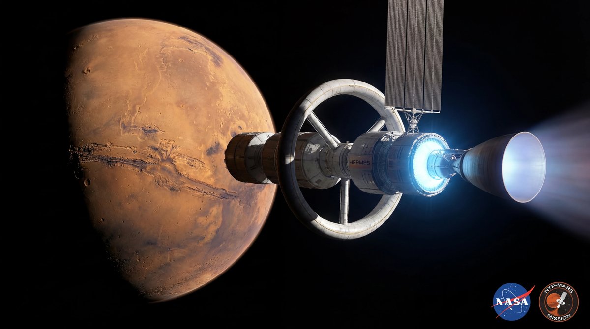 Futuristic spacecraft with a glowing blue nuclear engine nozzle flying towards the red planet Mars.