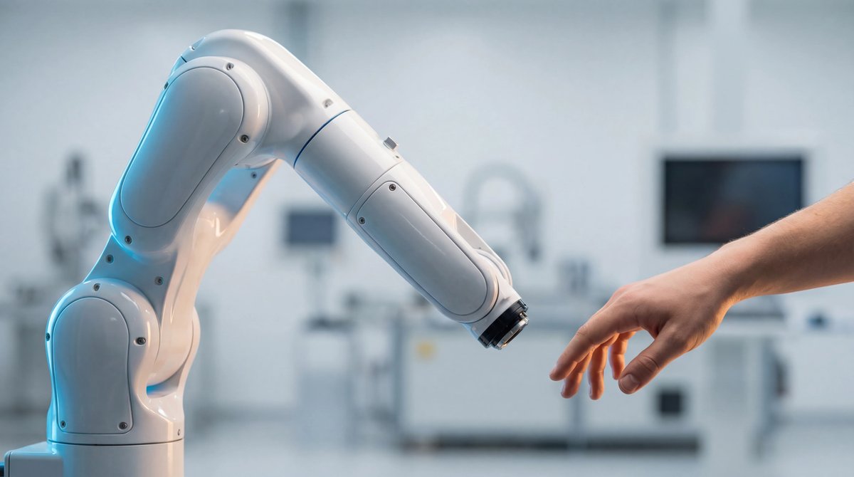 Close-up of a robotic arm working safely alongside a human hand in a modern high-tech laboratory environment.