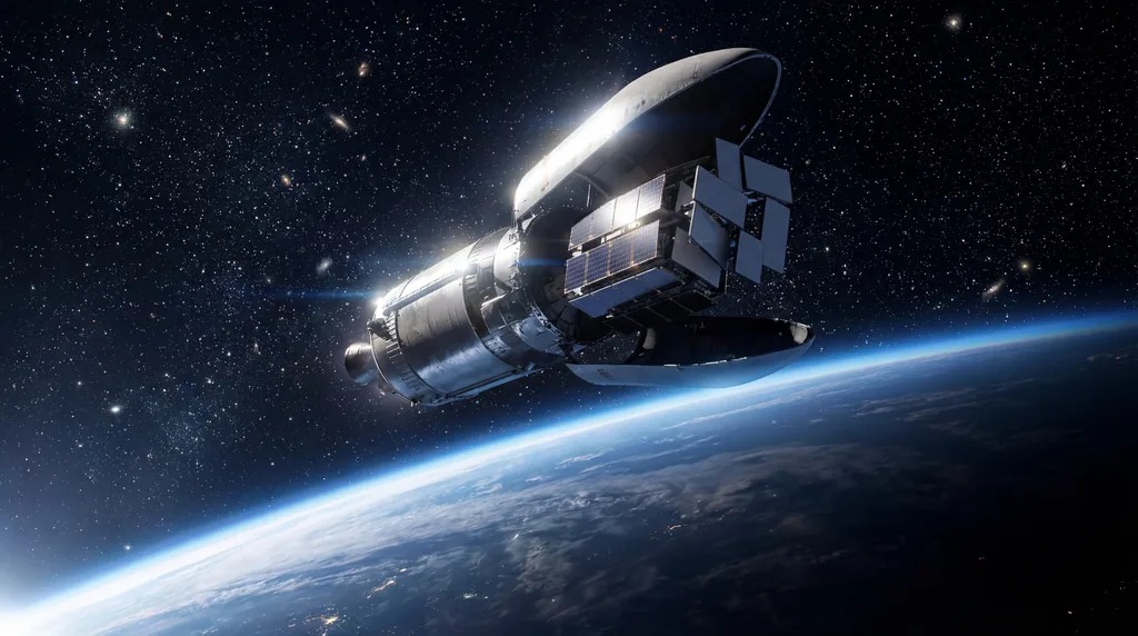 SpaceX satellites deploying from a rocket stage in orbit above a glowing Earth with a dense, starry background.