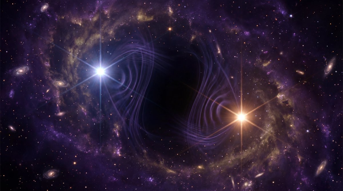 Two bright stars orbiting far apart in space with faint gravitational ripples, set against colorful deep space nebula.