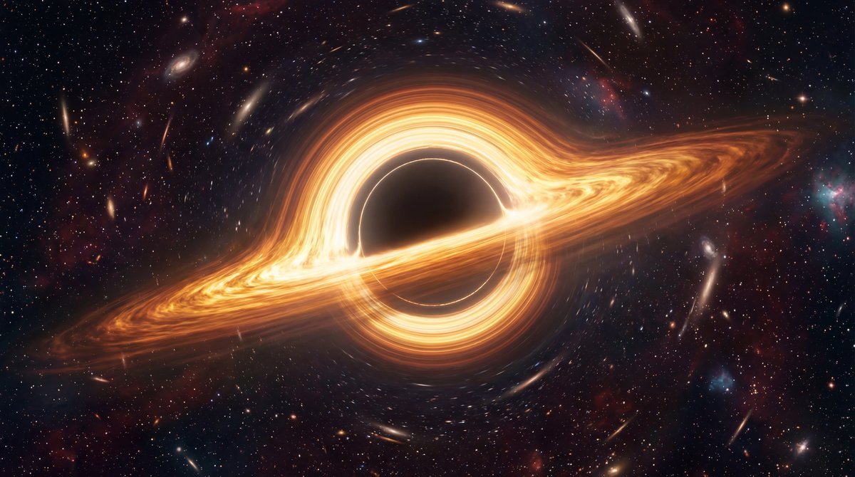 Glowing golden ring of plasma swirling around a black hole's dark center against a starry deep space background.