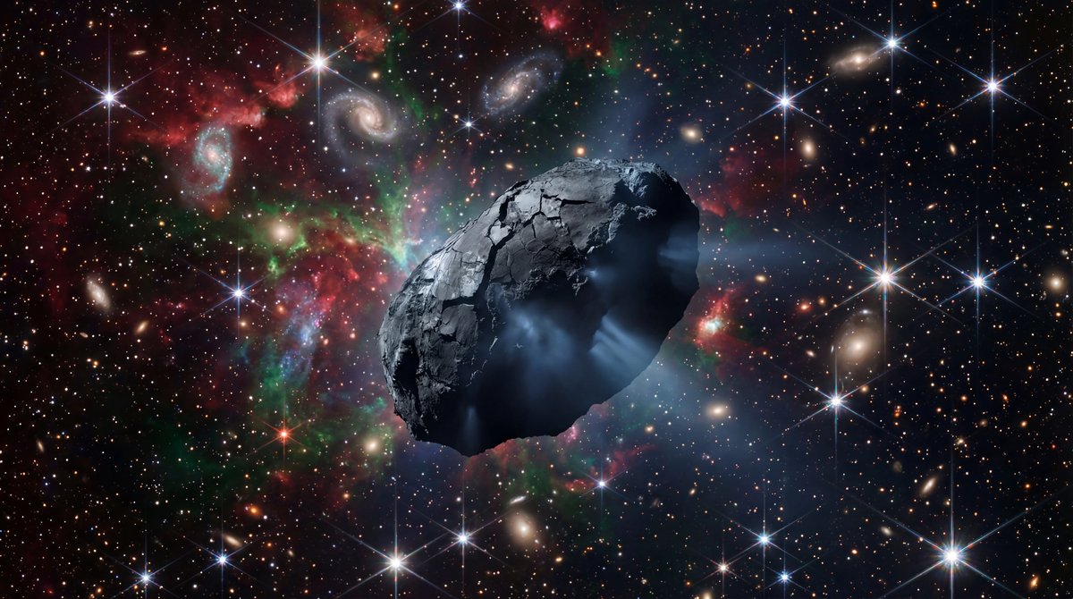 Dark, icy interstellar asteroid venting gas plumes against a backdrop of colorful distant galaxies and bright stars.
