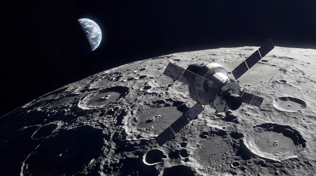 Orion spacecraft flying past the cratered Moon with a distant Earth visible in the black starry background.